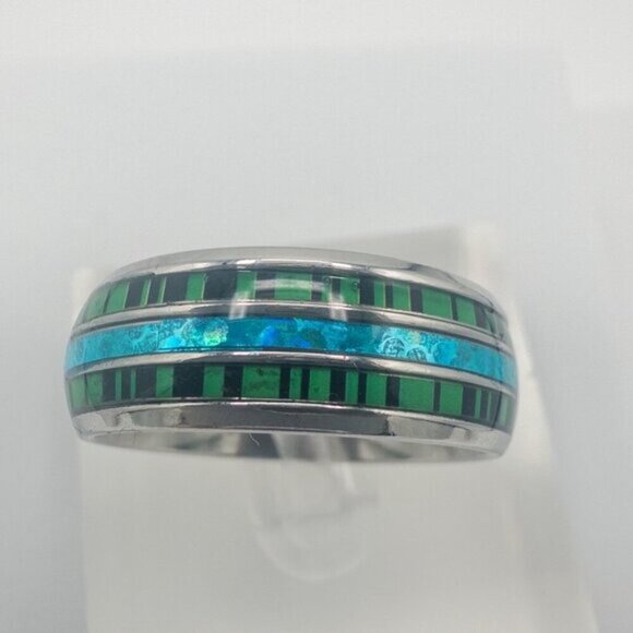 Stainless Steel Ring with Green and Blue Inlay - Picture 7 of 8